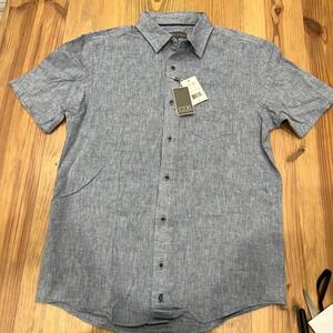IKE by Ike Behar‎ Mens Short Sleeve Linen Blend Button Down Shirt Blue Size S